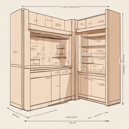 A detailed diagram of a study table incorporated with a bar cabinet. The dimensions should be 5 feet wide, 8 feet high, and 3 feet deep.