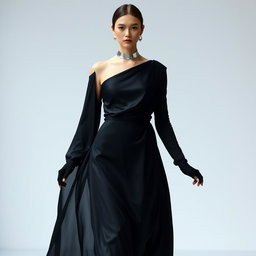 A model draped in an ethereal, floor-length black gown that appears weightless, as if floating with every subtle movement