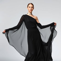 A model draped in an ethereal, floor-length black gown that appears weightless, as if floating with every subtle movement