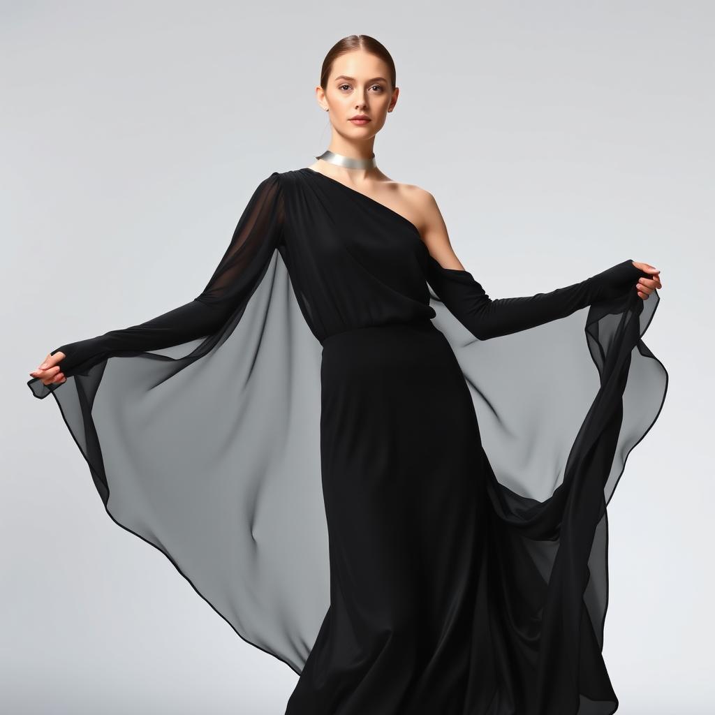 A model draped in an ethereal, floor-length black gown that appears weightless, as if floating with every subtle movement