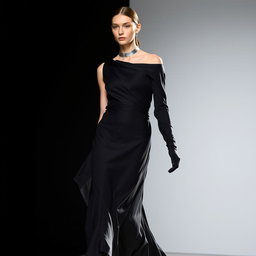 A model draped in an ethereal, floor-length black gown that appears weightless, as if floating with every subtle movement