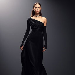 A model draped in an ethereal, floor-length black gown that appears weightless, as if floating with every subtle movement