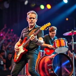 A realistic image of a male guitarist and a male drummer, both around 30 years old, performing together on stage