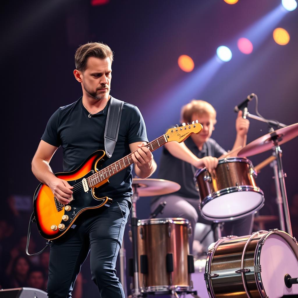 A realistic image of a male guitarist and a male drummer, both around 30 years old, performing together on stage