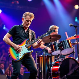 A realistic image of a male guitarist and a male drummer, both around 30 years old, performing together on stage