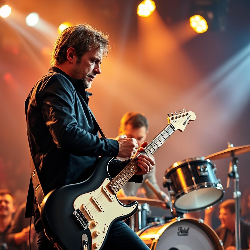 A realistic image of a male guitarist and a male drummer, both aged around 30 years, intensely performing together on stage