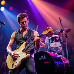 A realistic image of a male guitarist and a male drummer, both aged around 30 years, intensely performing together on stage