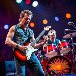 A realistic image depicting a male guitarist and a male drummer, both approximately 30 years old, engaged in a spirited live performance on stage