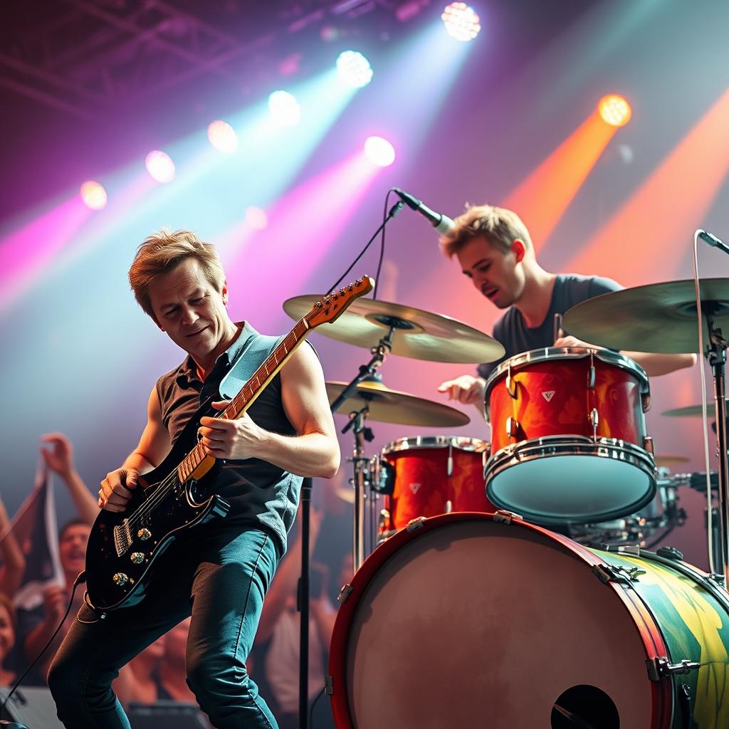 A realistic image depicting a male guitarist and a male drummer, both approximately 30 years old, engaged in a spirited live performance on stage