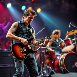 A realistic image depicting a male guitarist and a male drummer, both approximately 30 years old, engaged in a spirited live performance on stage