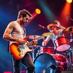 A realistic image depicting a male guitarist and a male drummer, both approximately 30 years old, engaged in a spirited live performance on stage
