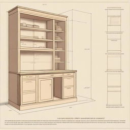 A detailed diagram of a study table incorporated with a bar cabinet. The dimensions should be 5 feet wide, 8 feet high, and 3 feet deep.