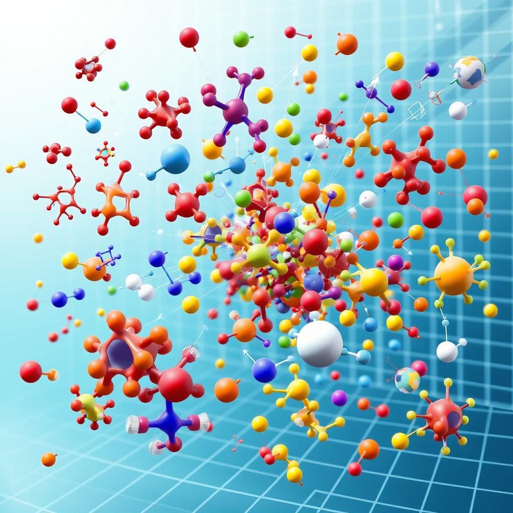 A detailed and dynamic illustration of molecular dynamics simulations, visually depicting various molecules in motion