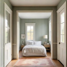 A square room featuring two windows, a singular door, and a cozy bed.