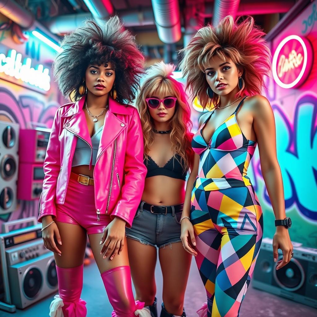 A vibrant, high-energy classic 80's photoshoot featuring models with big hairstyles and colorful fashion reminiscent of the era