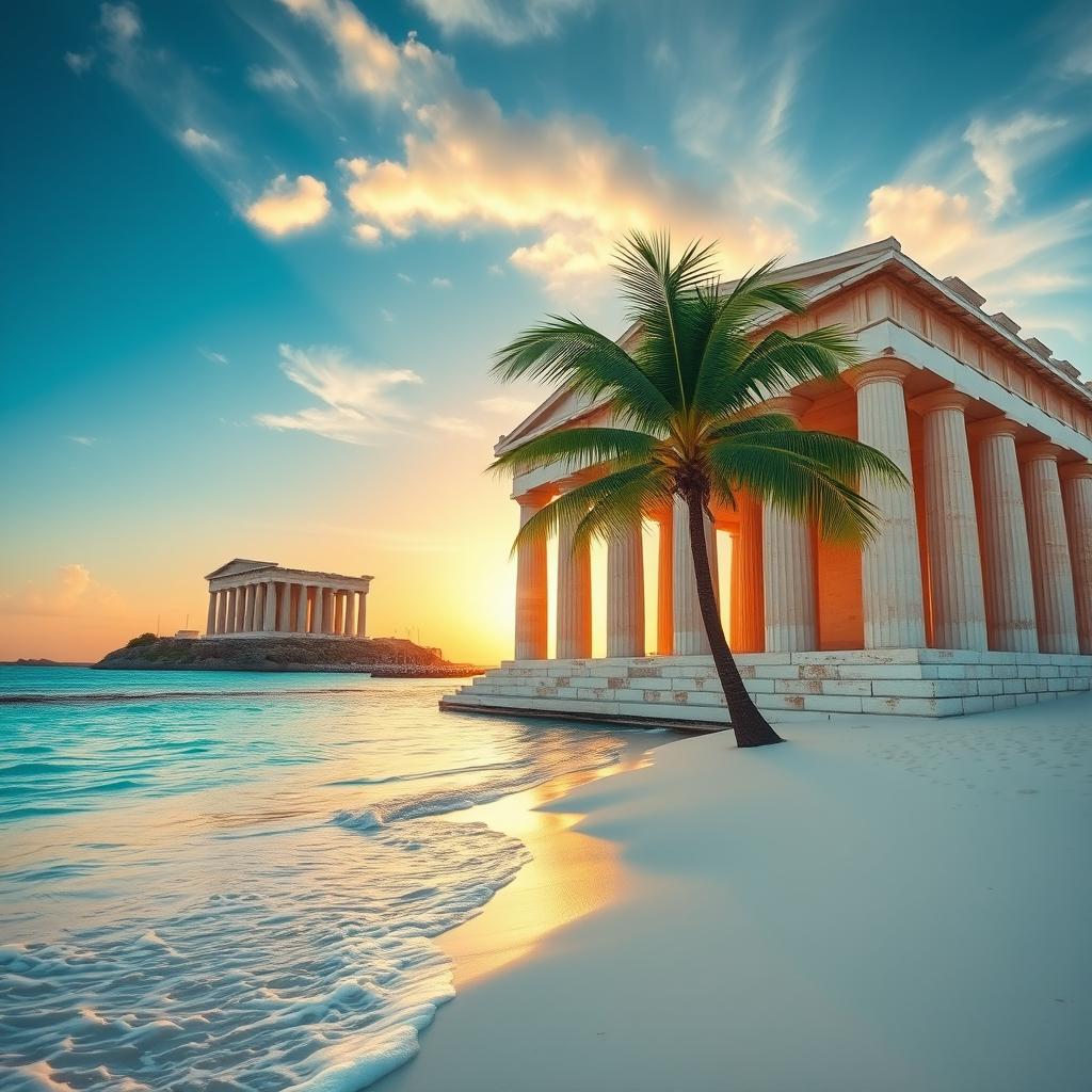 A stunning image depicting a blend of the Maldives and the Parthenon from the Acropolis of Athens