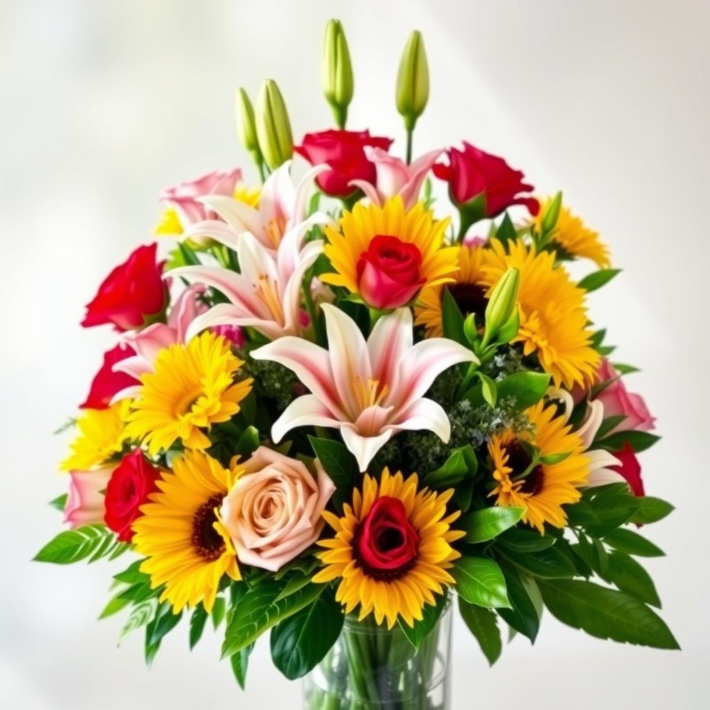 A beautiful and vibrant bouquet of assorted flowers including roses, lilies, and sunflowers, arranged artistically in a glass vase