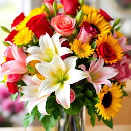 A beautiful and vibrant bouquet of assorted flowers including roses, lilies, and sunflowers, arranged artistically in a glass vase