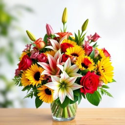 A beautiful and vibrant bouquet of assorted flowers including roses, lilies, and sunflowers, arranged artistically in a glass vase