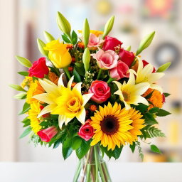 A beautiful and vibrant bouquet of assorted flowers including roses, lilies, and sunflowers, arranged artistically in a glass vase
