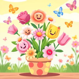 A cute and whimsical animated bouquet of flowers featuring cartoon-style roses, daisies, and tulips, with smiling faces on each flower