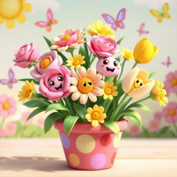 A cute and whimsical animated bouquet of flowers featuring cartoon-style roses, daisies, and tulips, with smiling faces on each flower