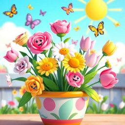 A cute and whimsical animated bouquet of flowers featuring cartoon-style roses, daisies, and tulips, with smiling faces on each flower