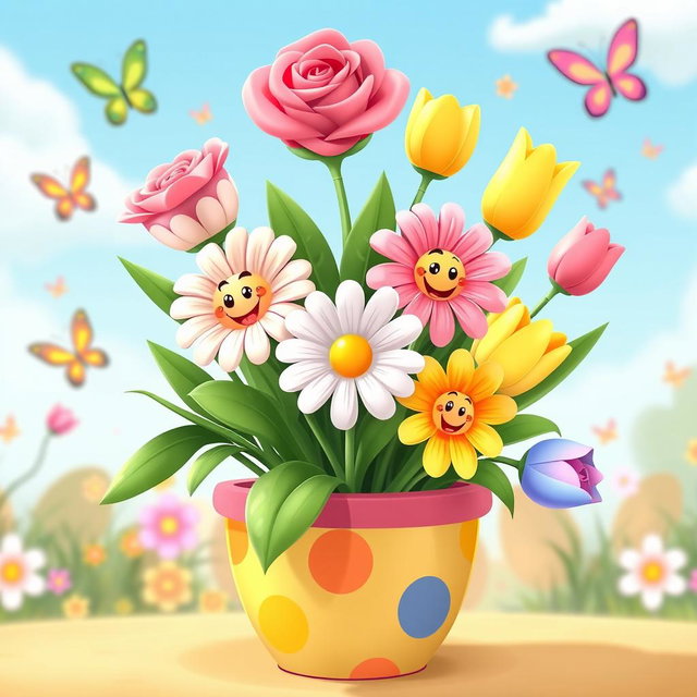 A cute and whimsical animated bouquet of flowers featuring cartoon-style roses, daisies, and tulips, with smiling faces on each flower