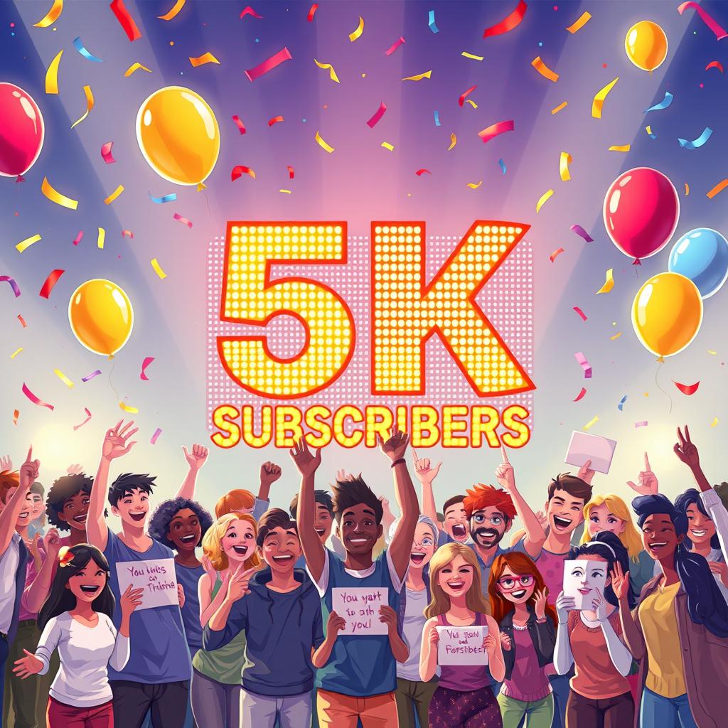 A vibrant and festive illustration celebrating the milestone of 5K YouTube subscribers