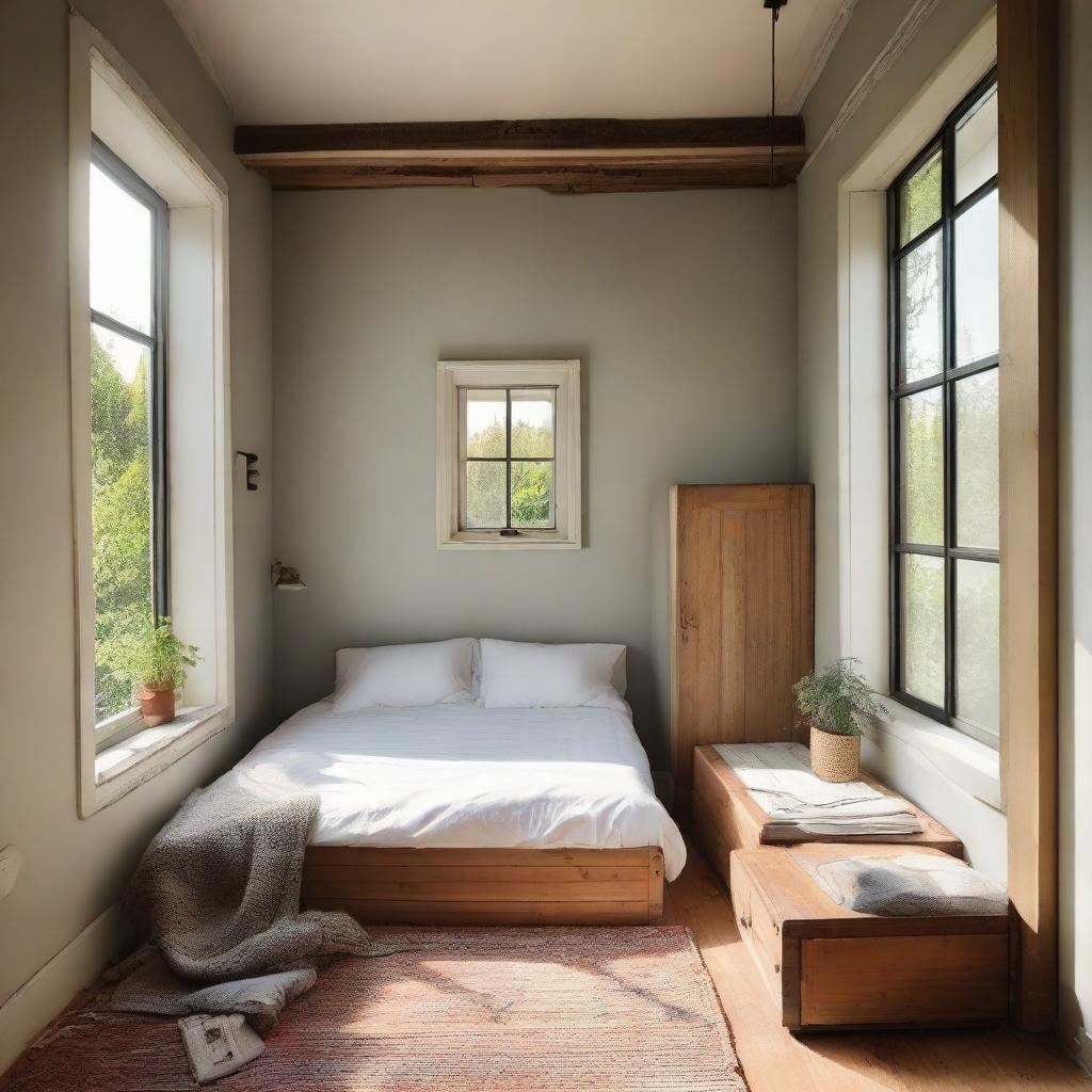 A square room featuring two windows, a singular door, and a cozy bed.