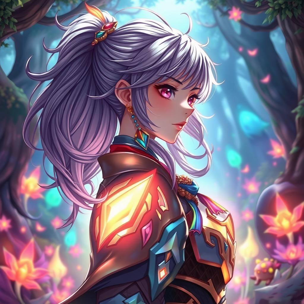 A character with detailed features, depicted in a 90 degrees side view angle, showcasing their distinct hairstyle, facial expression, and attire in a vibrant fantasy setting