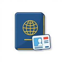 An icon symbolizing an ID or passport, featuring a simple, minimalist design of a passport with the recognizable globe emblem embossed on the cover
