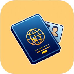 An icon symbolizing an ID or passport, featuring a simple, minimalist design of a passport with the recognizable globe emblem embossed on the cover