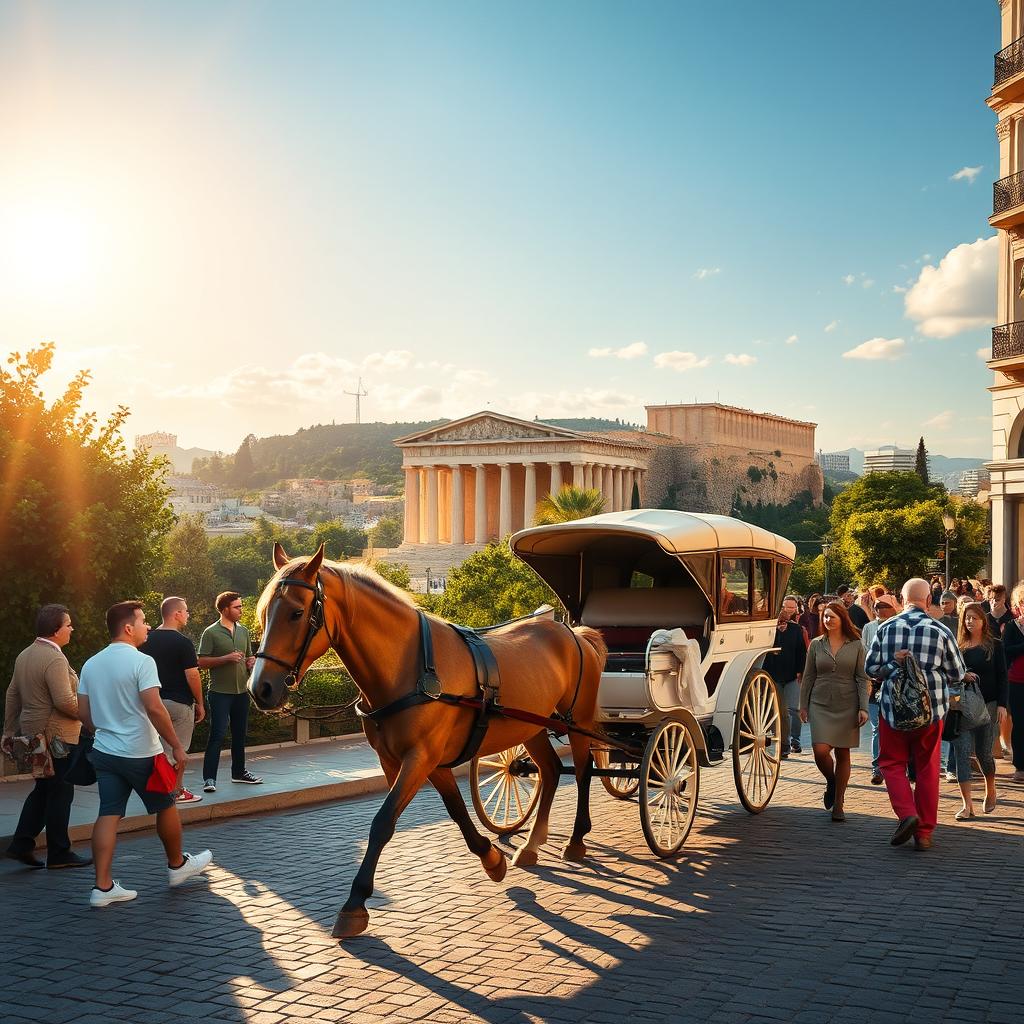 A beautiful depiction of Athens, Greece, featuring a traditional horse-drawn carriage