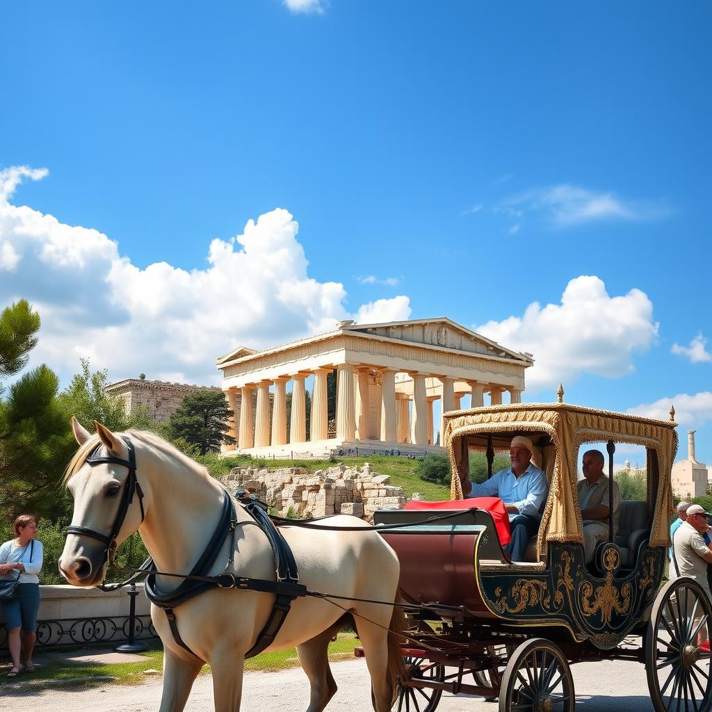 A picturesque scene of the Acropolis in Athens, Greece, depicted with a beautifully decorated horse-drawn carriage