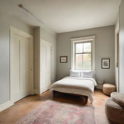 A square room featuring two windows, a singular door, and a cozy bed.