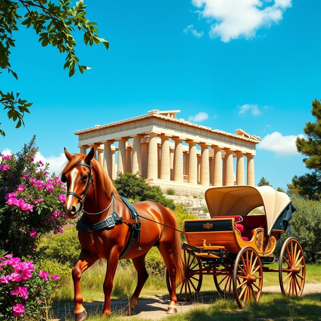An artistic depiction of the Acropolis in Athens, Greece, featuring a beautiful horse-drawn carriage in the foreground