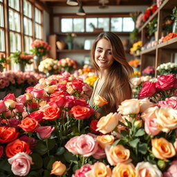 A beautifully designed flower shop filled with vibrant roses in various colors, showcasing their delicate petals and rich green leaves