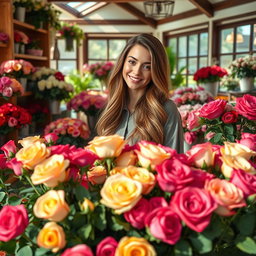 A beautifully designed flower shop filled with vibrant roses in various colors, showcasing their delicate petals and rich green leaves