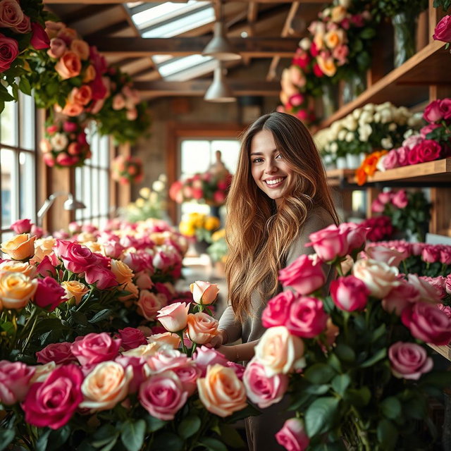 A beautifully designed flower shop filled with vibrant roses in various colors, showcasing their delicate petals and rich green leaves
