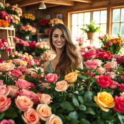 A beautifully designed flower shop filled with vibrant roses in various colors, showcasing their delicate petals and rich green leaves