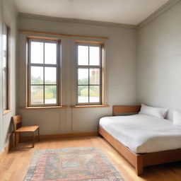 A square room featuring two windows, a singular door, and a cozy bed.