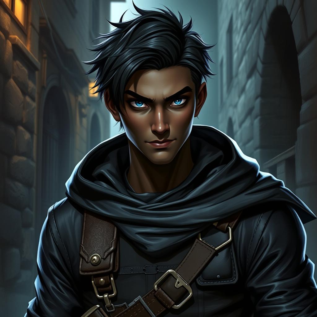 A 25-year-old male rogue character with striking features
