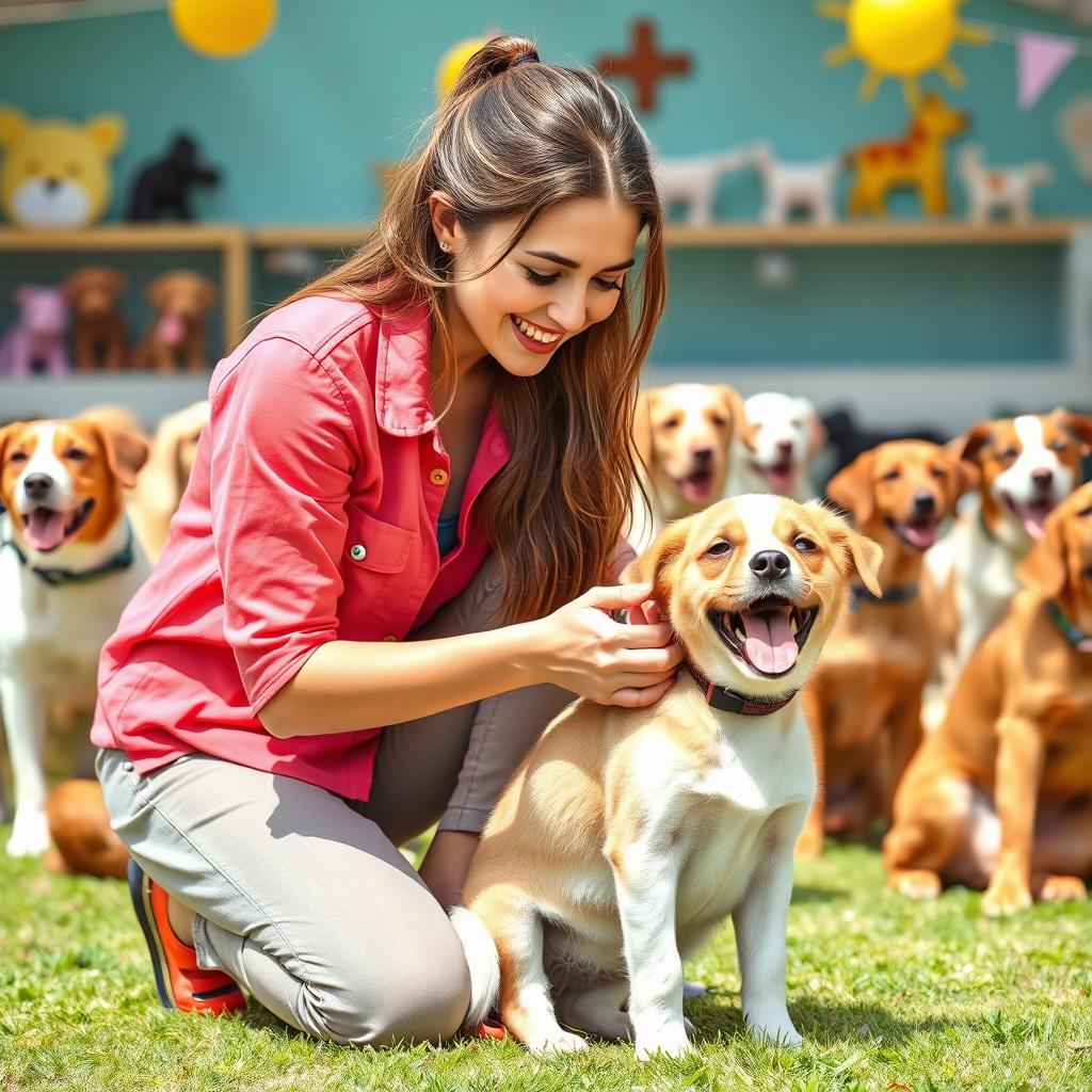 A beautiful young woman lovingly interacting with a cheerful pet dog at a caring center for orphaned dogs