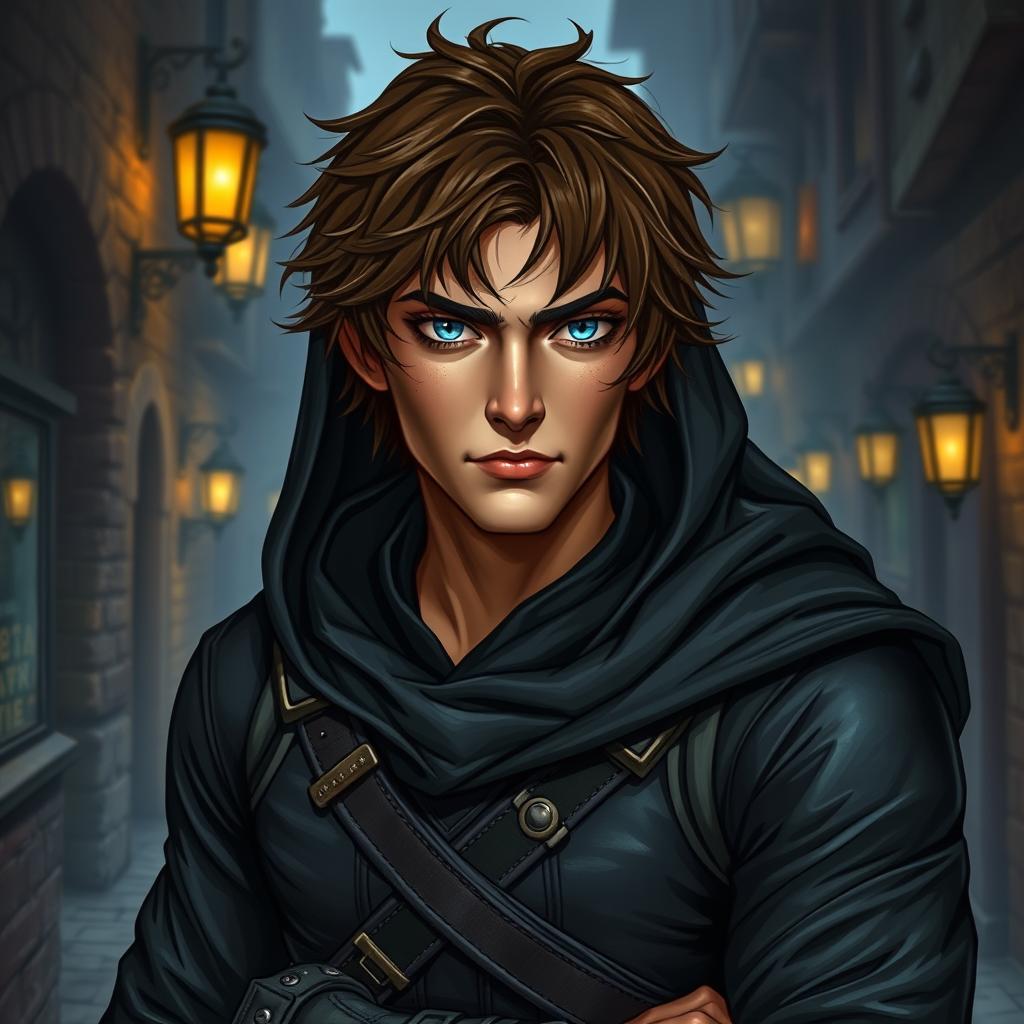 A 25-year-old male rogue character with distinctive features