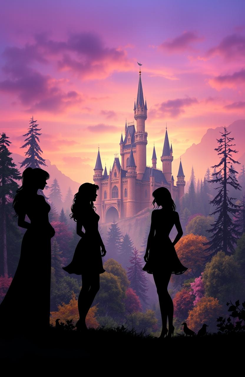 A fantasy book cover featuring three elegant female silhouettes in various poses, standing in the foreground