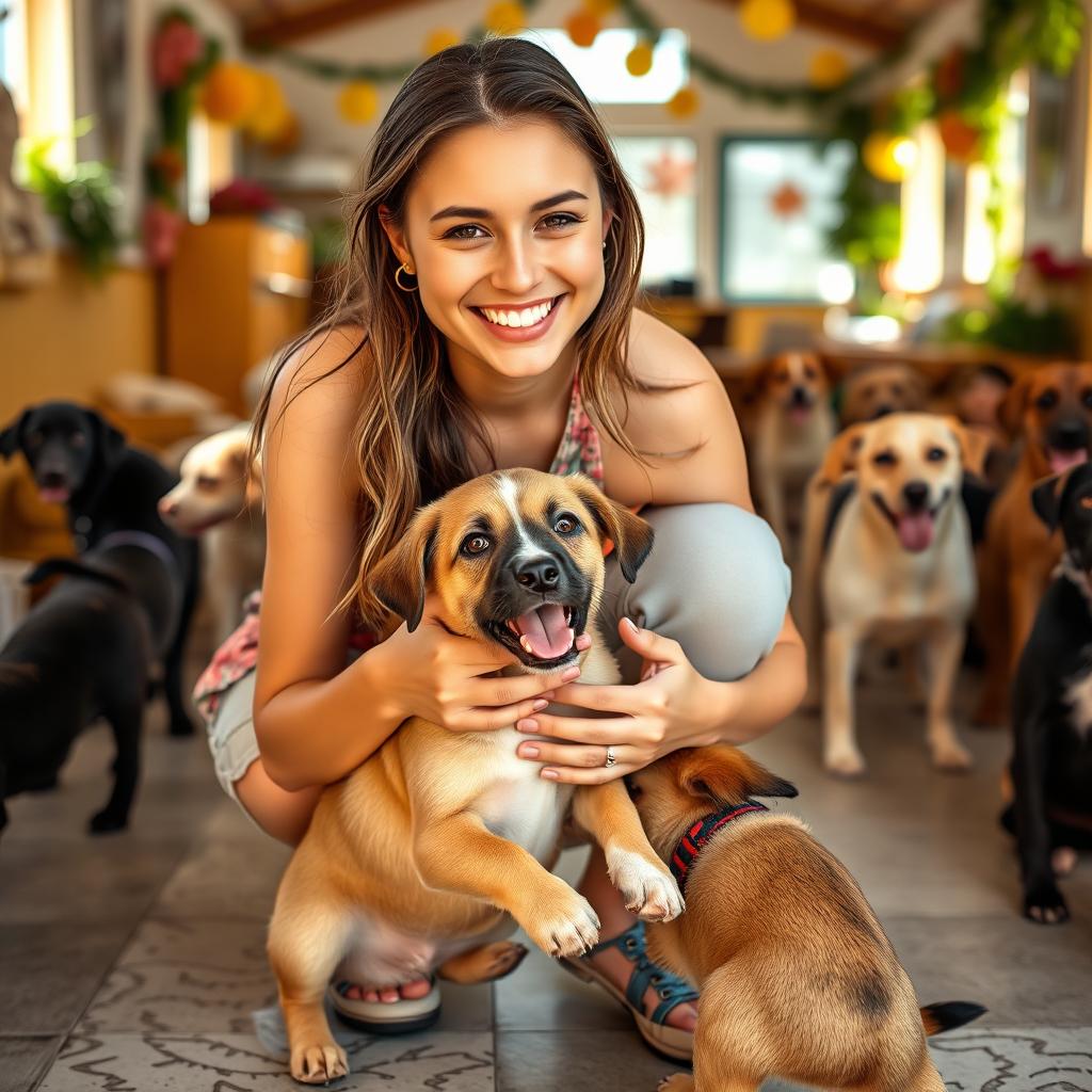 A beautiful young woman with a radiant smile, gently playing with her adorable pet dog at a center dedicated to caring for orphaned dogs