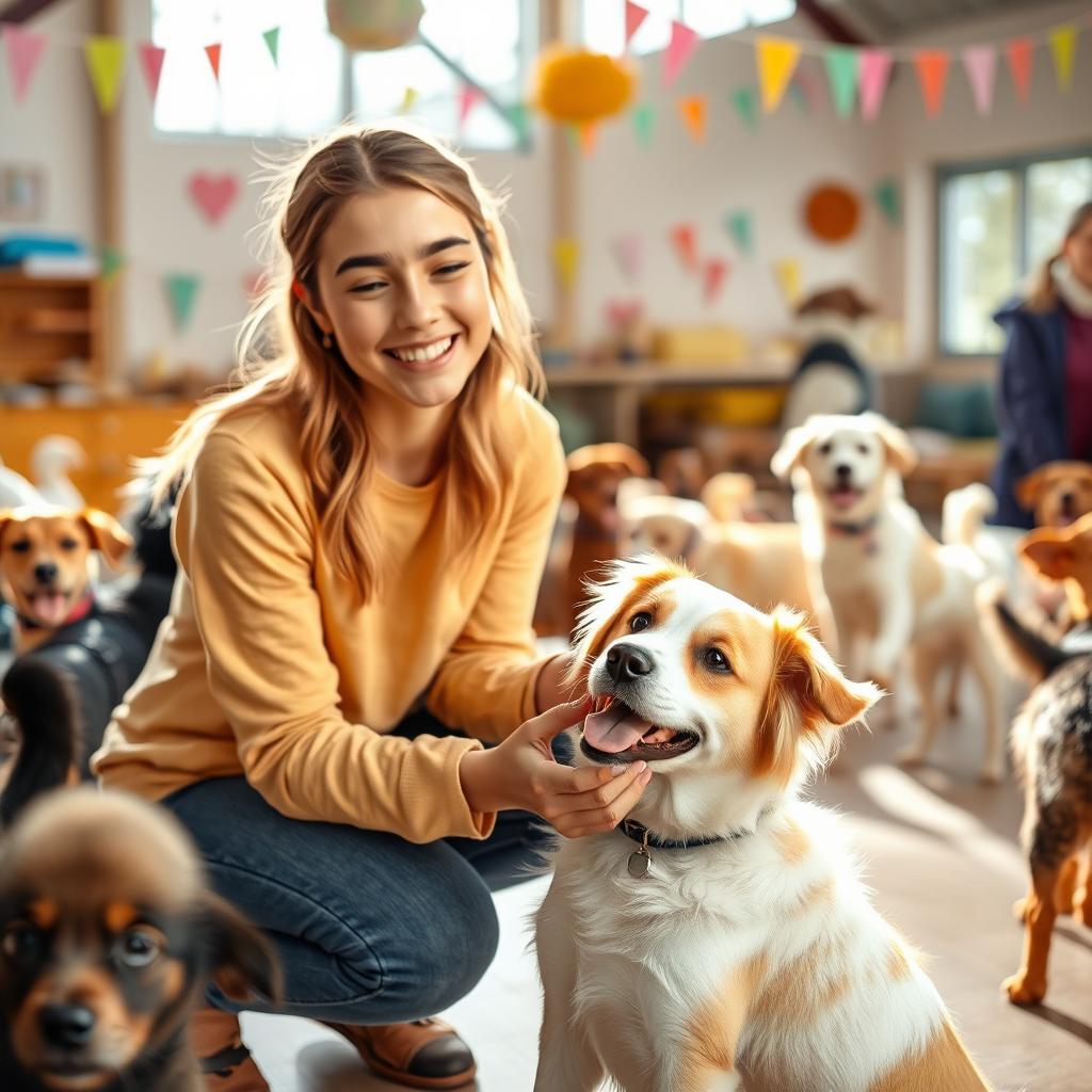 A beautiful young woman joyfully engaging with her pet dog at a center dedicated to caring for orphaned dogs