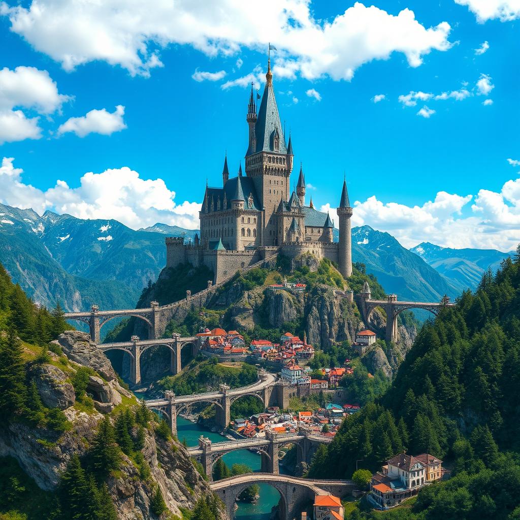 A majestic castle nestled in the high mountains, towering over a vibrant city below