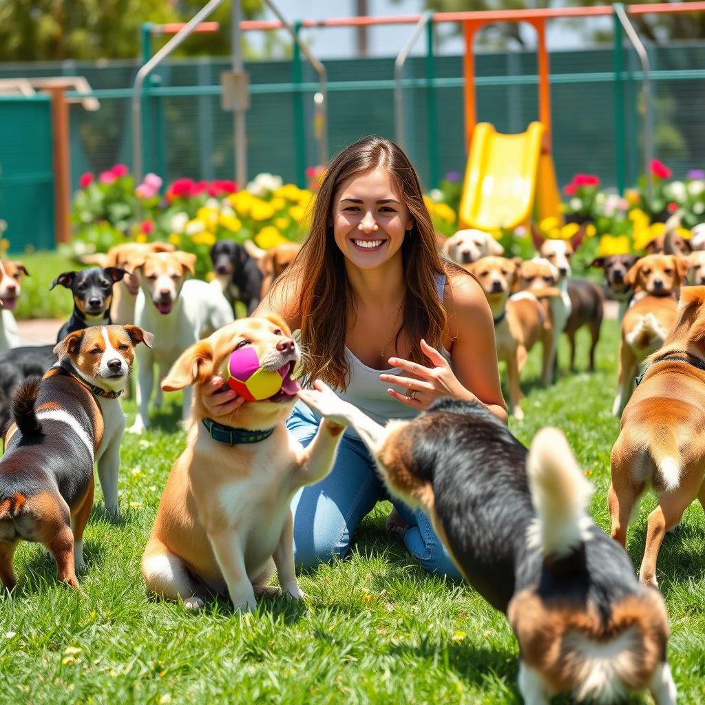 A beautiful young woman joyfully playing with her pet dog at a center dedicated to caring for orphaned dogs